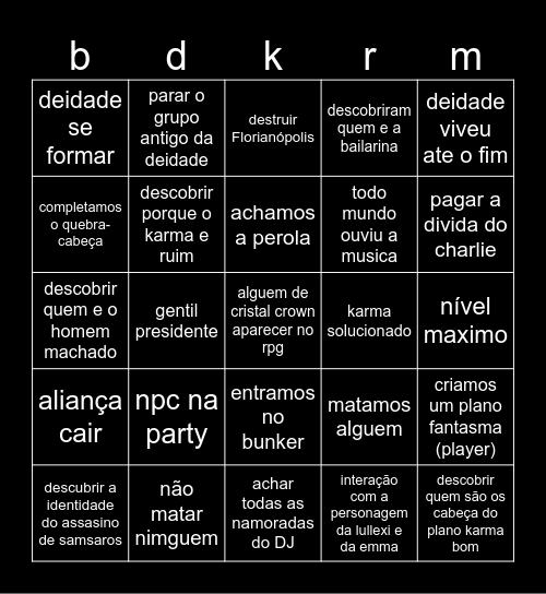karma ruim valendo 0 de xp por fileira Bingo Card