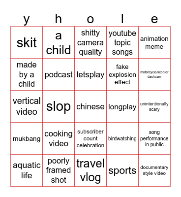 youhole Bingo Card