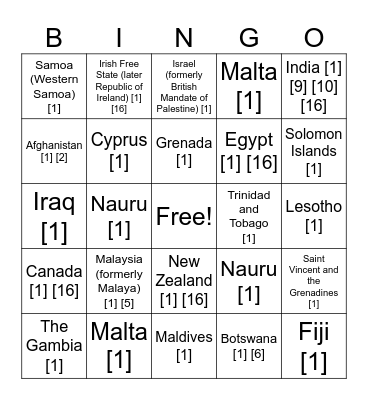 Country Bingo Card