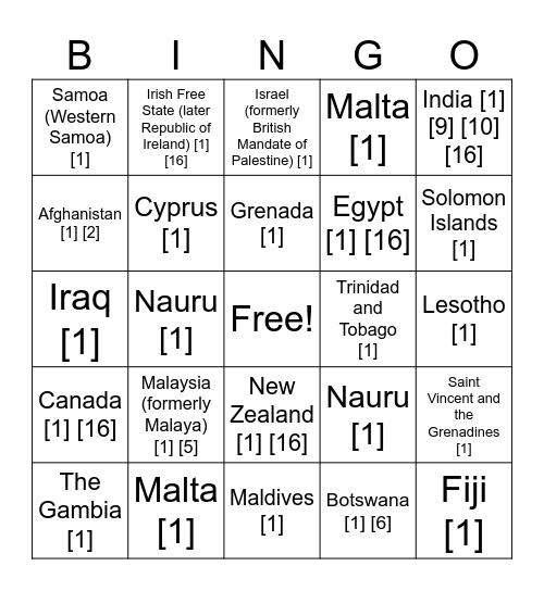 Country Bingo Card