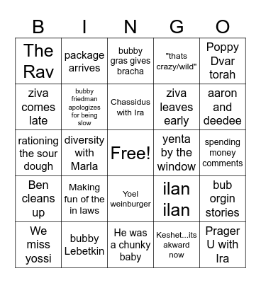 Friedman Shabbos Table Bingo Card