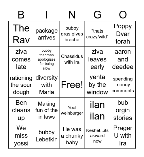 Friedman Shabbos Table Bingo Card