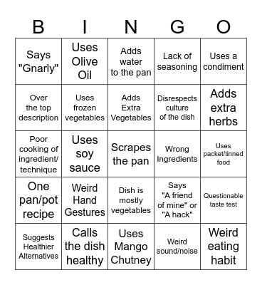 Jamie Oliver Cooking Bingo Card