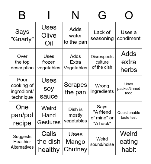 Jamie Oliver Cooking Bingo Card
