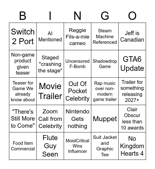 Game Awards 2025 Bingo Card