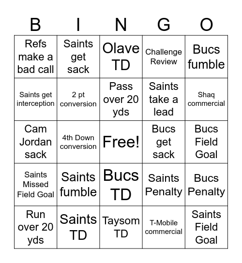 Saints Bingo Card