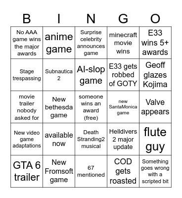 TGA Bingo Card