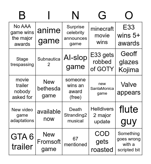 TGA Bingo Card