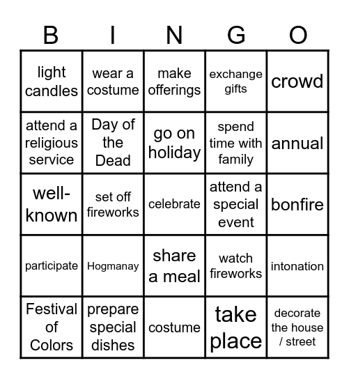 Unit 12A & 12B Vocabulary Bingo Card