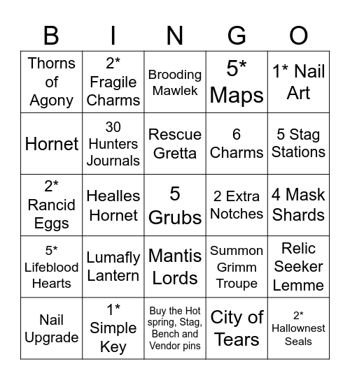Hollow Knight Bingo Card