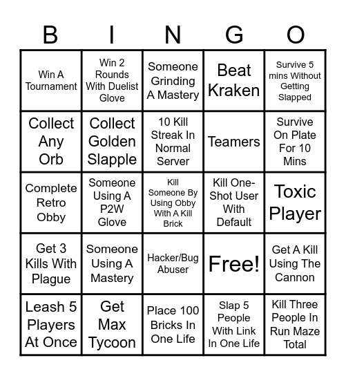 Slap Battles Bingo Card Bingo Card