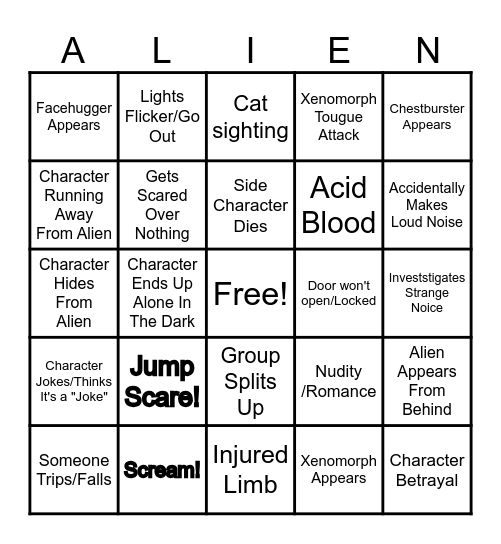 Alien Movie Bingo Card