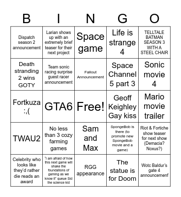 Game Awards Bingo Card