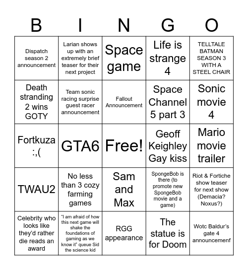 Game Awards Bingo Card