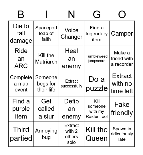 ARC Raiders Bingo Card