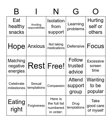 Recovery Bingo Card