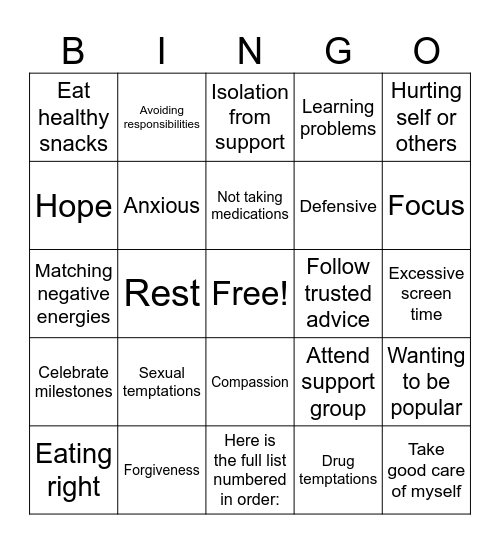 Recovery Bingo Card