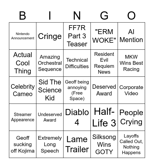The Game Awards 2025 Bingo Card