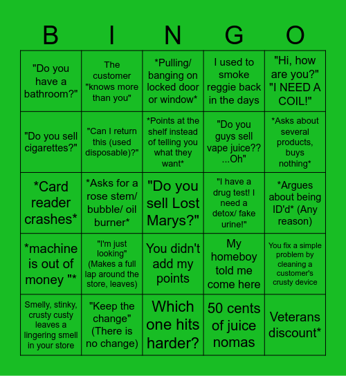 Smoke Shop Customer Bingo Card