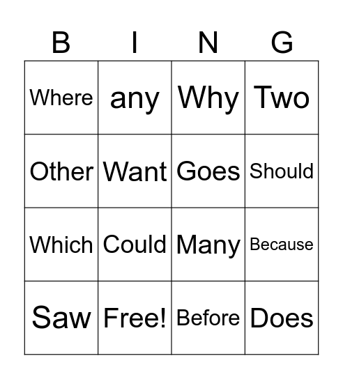 Vinny's Fun words Bingo Card