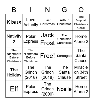 Sixth Form Festive Film Bingo Card