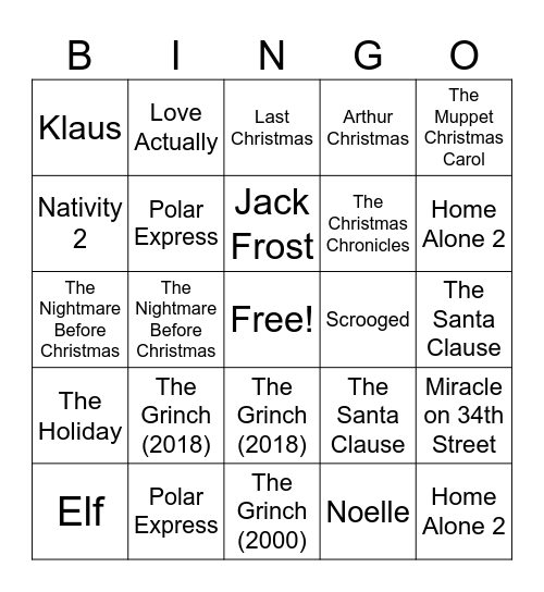 Sixth Form Festive Film Bingo Card
