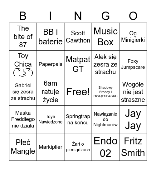 Fnaf 2 Movie Bingo Card