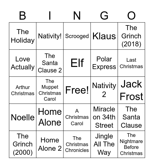 Sixth Form Festive Film Bingo Card