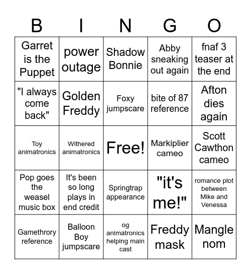 fnaf 2 Movie Bingo Card