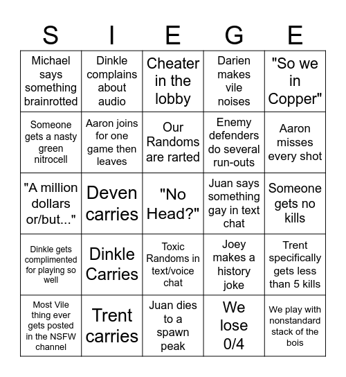 Siege With da Bois Bingo Card