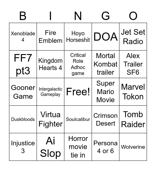 Game awards '25 Bingo Card