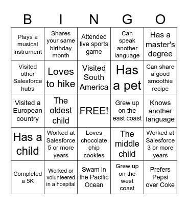 Human Scavenger Hunt Bingo Card