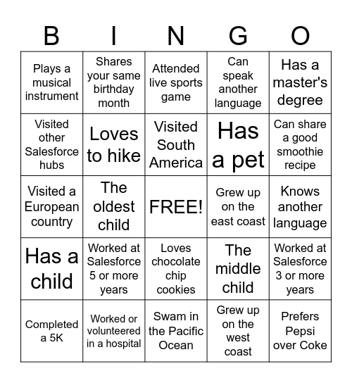 Human Scavenger Hunt Bingo Card