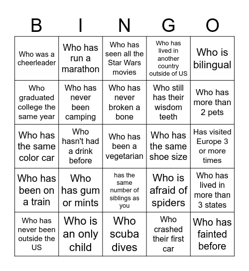 Human Scavenger Hunt! Bingo Card