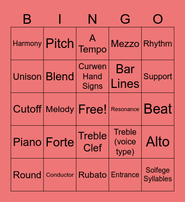 Choir Vocabulary Bingo Card