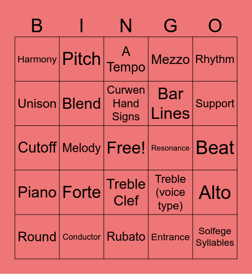 Choir Vocabulary Bingo Card