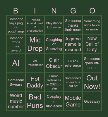 Game Awards Bingo 2025 Bingo Card