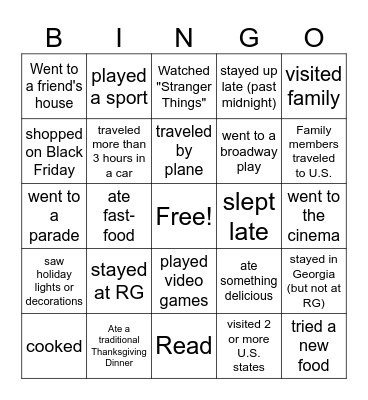 Thanksgiving Break Bingo Card