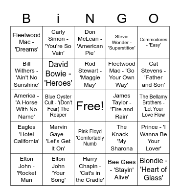 70s Music Bingo Card