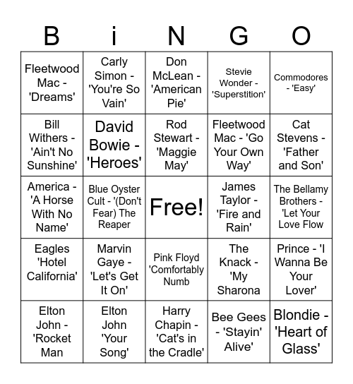 70s Music Bingo Card