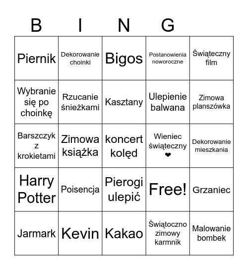 Swiateczne Bingo Card