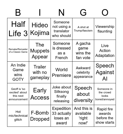 Game Awards 2025 Bingo Card