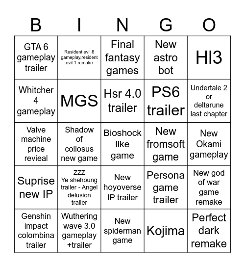 2025 Game awards Bingo Card