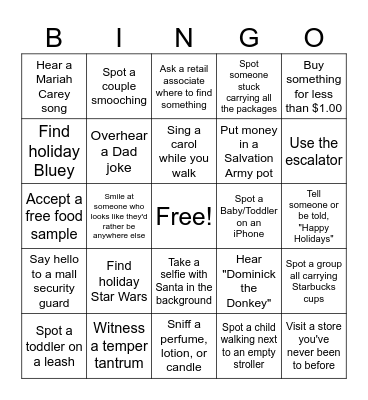 Holiday Shopping Bingo Card