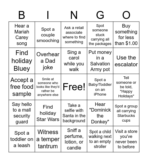 Holiday Shopping Bingo Card