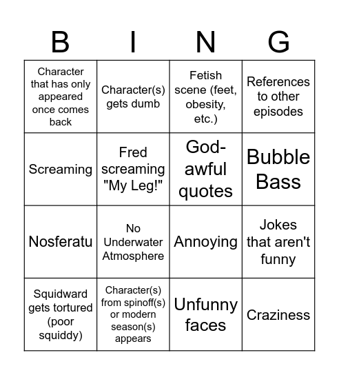 Seasons 10+ SpongeBob Bingo Card
