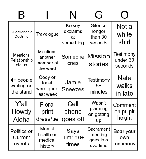 Geriatric YSA Bingo Card