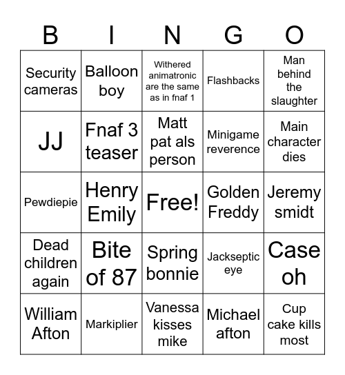 Fnaf 2 Bingo Card