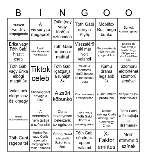 Megasztár S8E4 Bingo Card