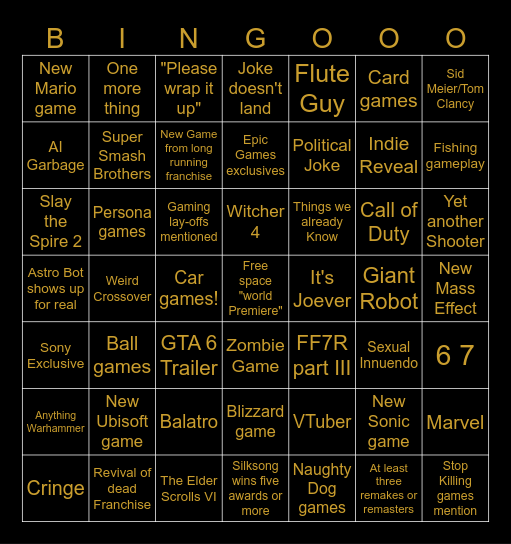 The Game Awards 2025 Bingo Card